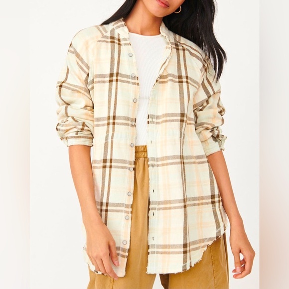 We The Free Jackets & Blazers - We The Free Cream Summer Daydream Plaid Long Sleeve Raw Hem Button Down Shacket